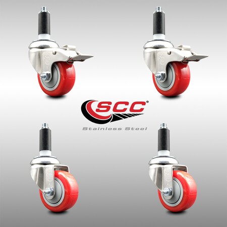 Service Caster 3 Inch 316SS Red Poly Swivel 1 Inch Expanding Stem Caster Lock Brake, 2PK SCC-SS316TTLEX20S314-PPUBRED-2-S-2-1